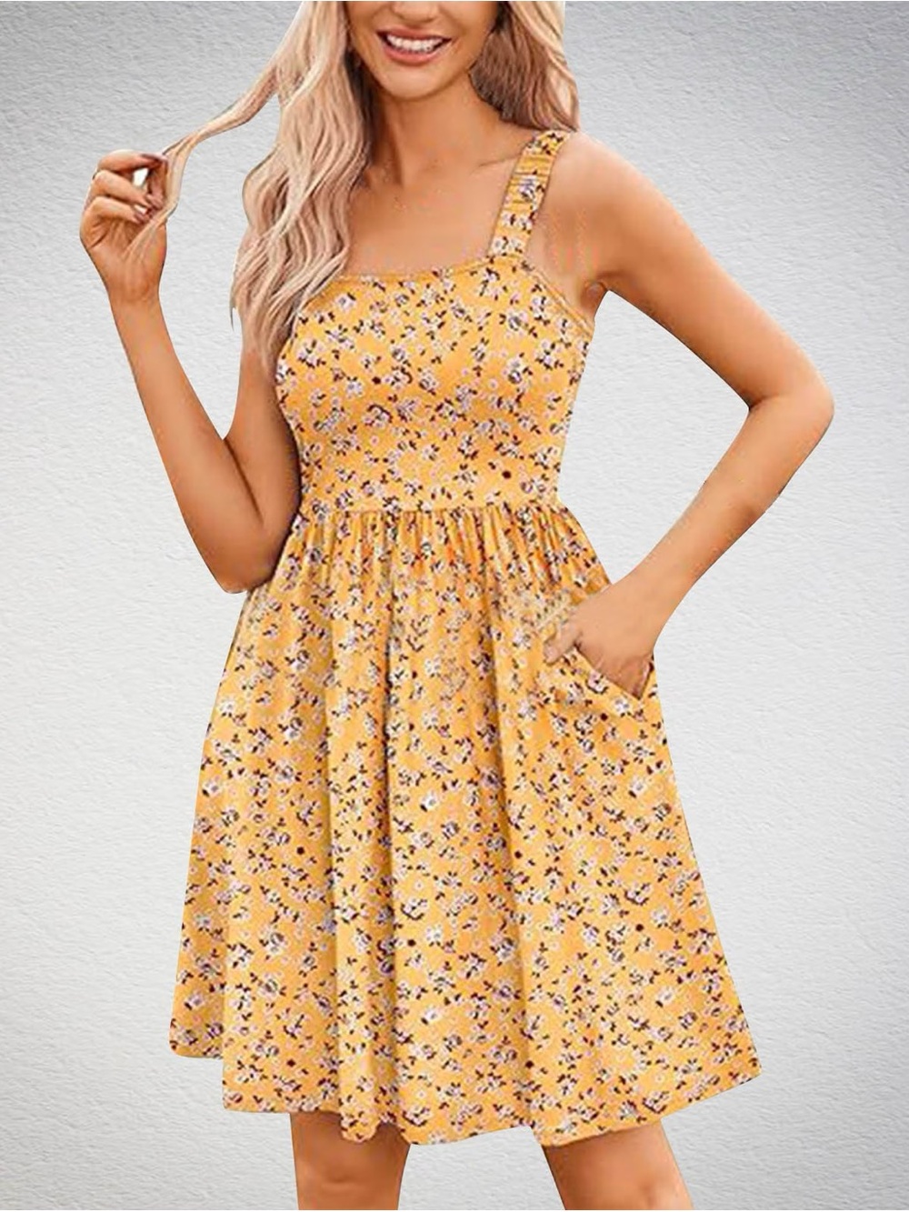 it Mustard Yellow Floral Square Neck Sleeveless tank Mini Midi Sun Dress Large